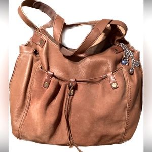 Lucky Brand Suede Leather Drawstring Hippie Hobo Shoulder Handbag Whiskey Brown